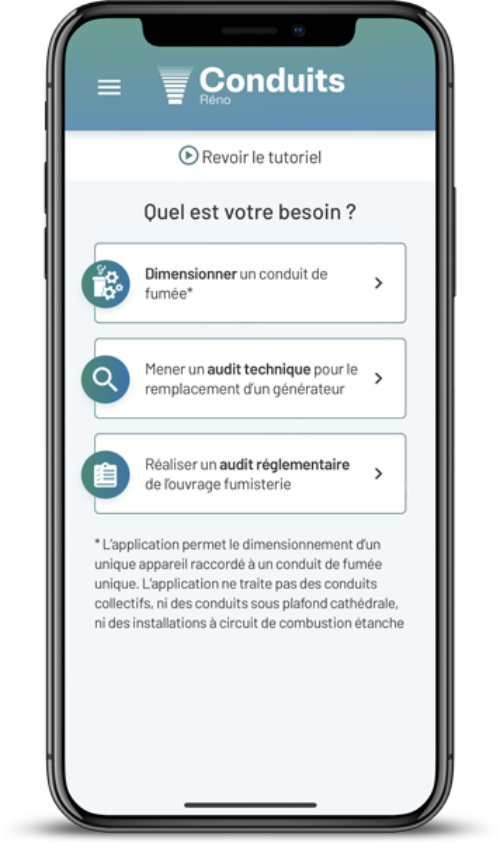 Interface mobile Conduits'RÉNO : l'application pour dimensionner les conduits de fumée de PROFEEL