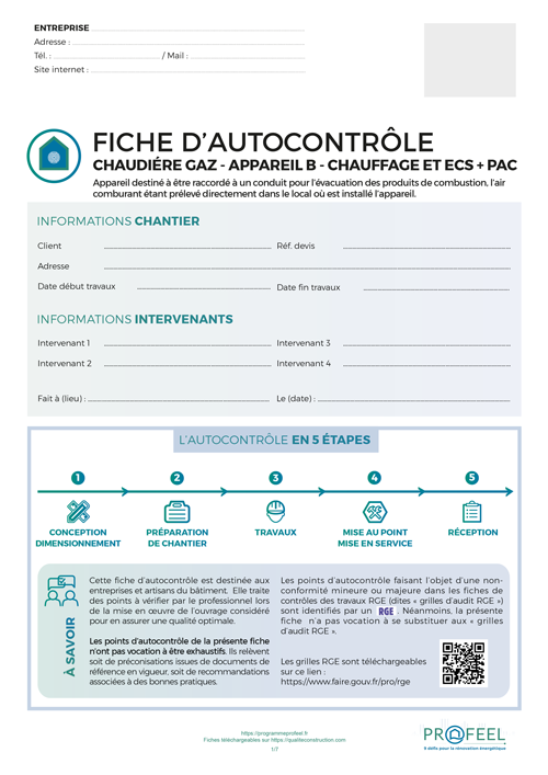Fiche d'autocontrôle de travaux « Chaudière gaz - Appareil B - Chauffage et ECS + Pac » de l'AQC / Programme PROFEEL