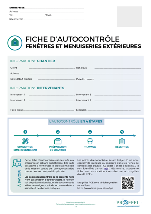 Fiche d'autocontrôle de travaux « Fenêtres et menuiseries extérieures » de l'AQC / Programme PROFEEL