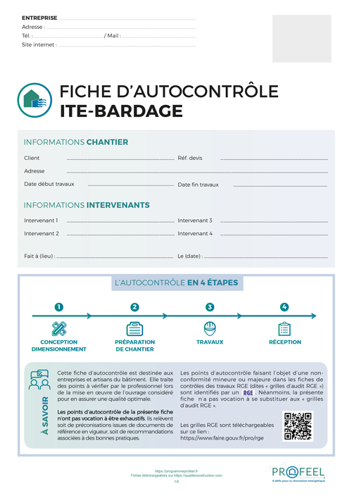 Fiche d'autocontrôle de travaux « Isolation thermique par l’extérieur (ITE) - Bardage » de l'AQC / Programme PROFEEL