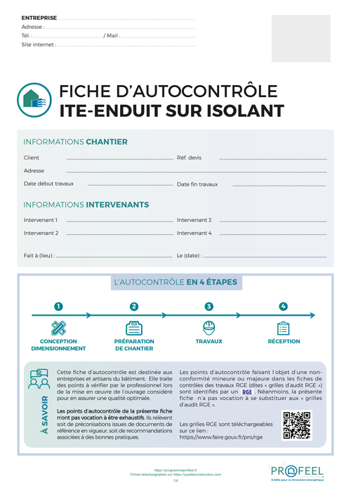 Fiche d'autocontrôle de travaux « Isolation thermique par l’extérieur (ITE) - Enduit sur isolant » de l'AQC / Programme PROFEEL